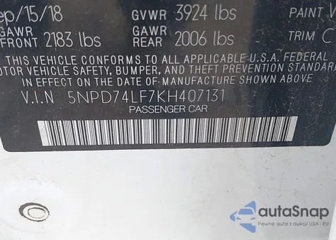 2019 Hyundai Elantra Se from USA, damaged, VIN 5NPD74LF7KH407131